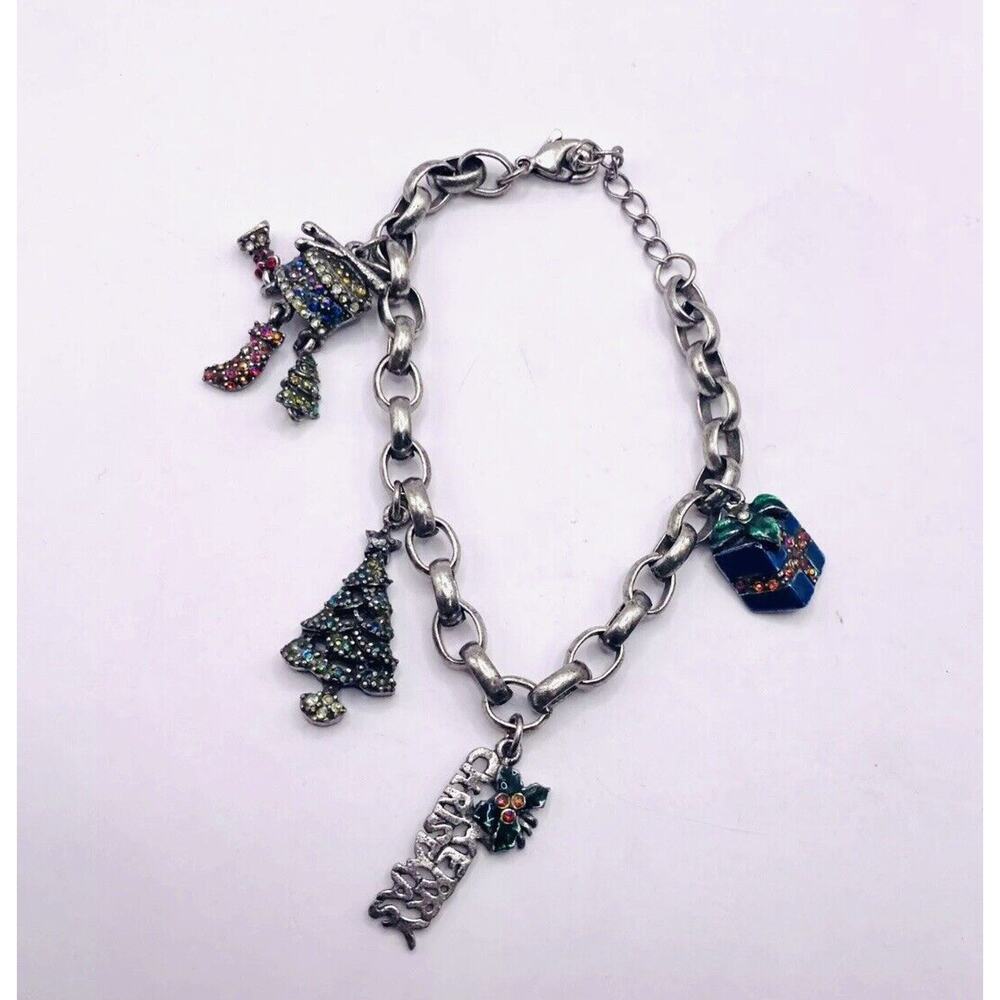 VINTAGE MERRY CHRISTMAS Rhinestone CHARM BRACELET Gift, Tree Candy Cane 2J3